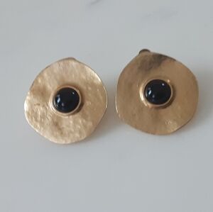 LES BERNARD Black Cabochon Disc Gold Plate Statement Clip-On Earrings 80's Vtg